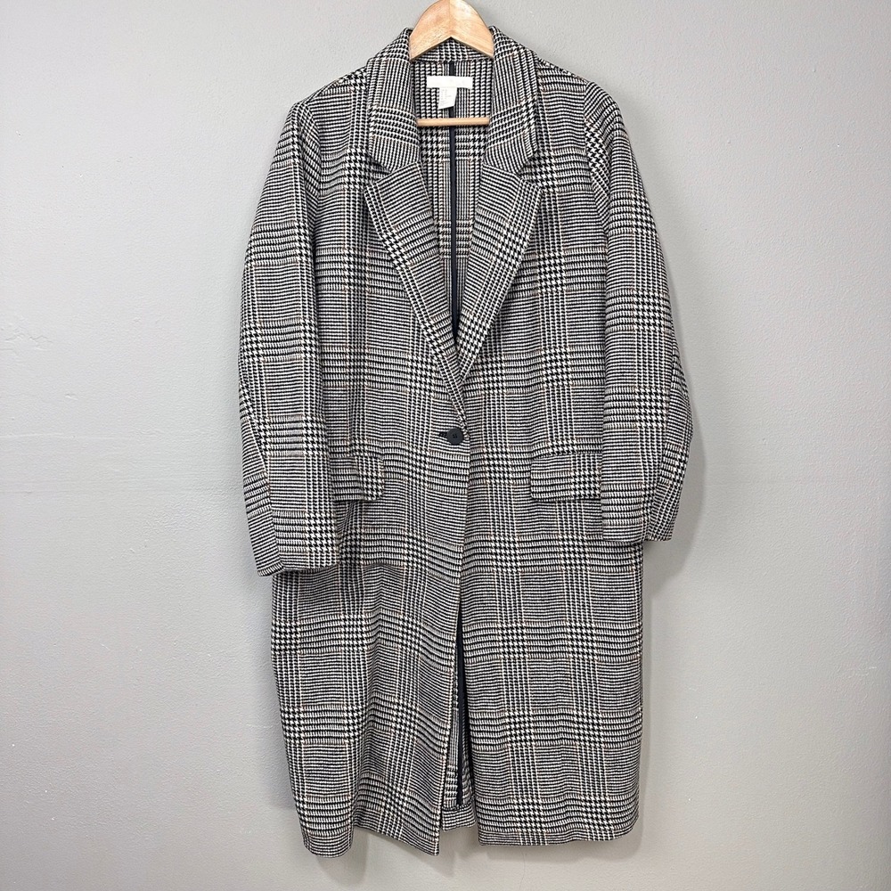 H&M Plaid Coat Womens Size 10 Black White Wool Blend Longline Jacket Academia